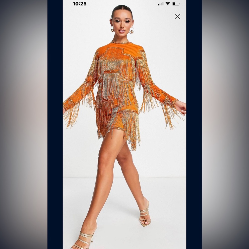Asos design mini dress with beaded fringe in orange